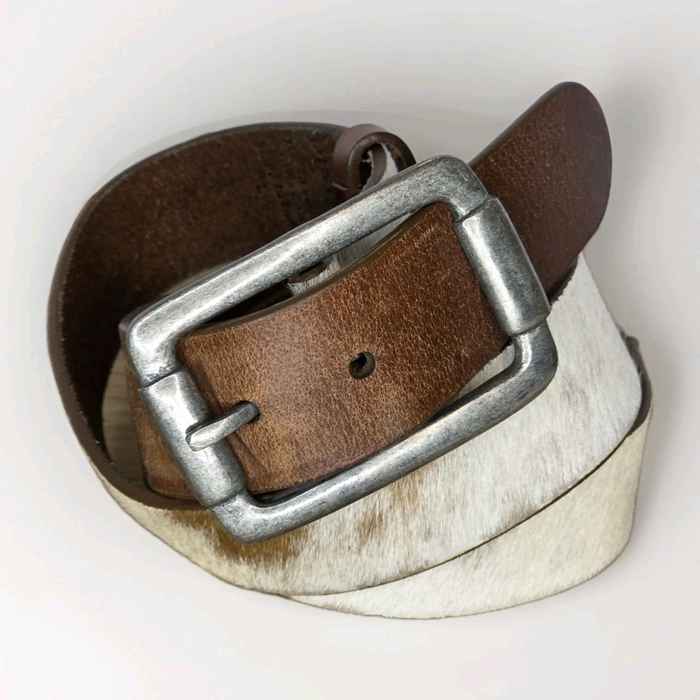 pistil Brown Leather and White Hair-on-Hide Belt with Silver Buckle